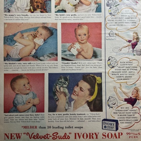 Vintage Ivory Soap Print Ad (1942) "Velvet Suds," Save Your Hands, Baby, Animals - Picture 1 of 2